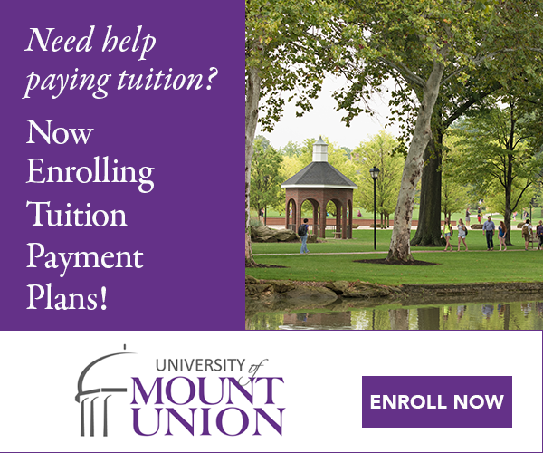 Picture asking, "Need help paying tuition? Now enrolling tuition payment plans" with the university logo and a button to "enroll now" Mount Union campus lakes in the background.