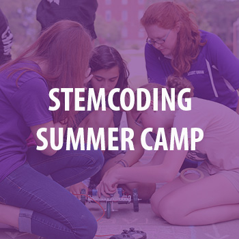 A photo of the STEMcoding camp with the words "Stemcoding Summer Camp" in white in front. 