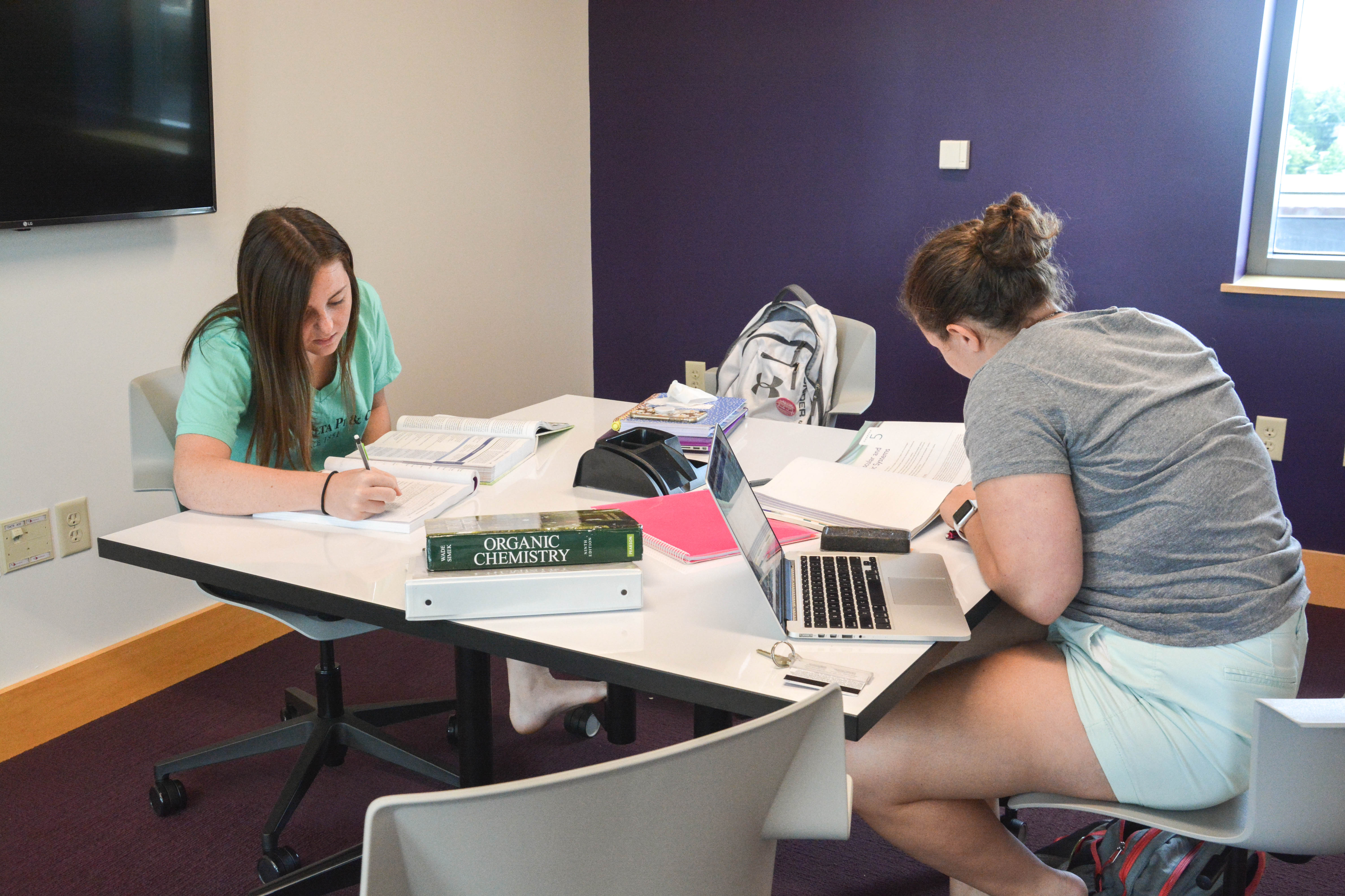 Two girls studying in a group study room