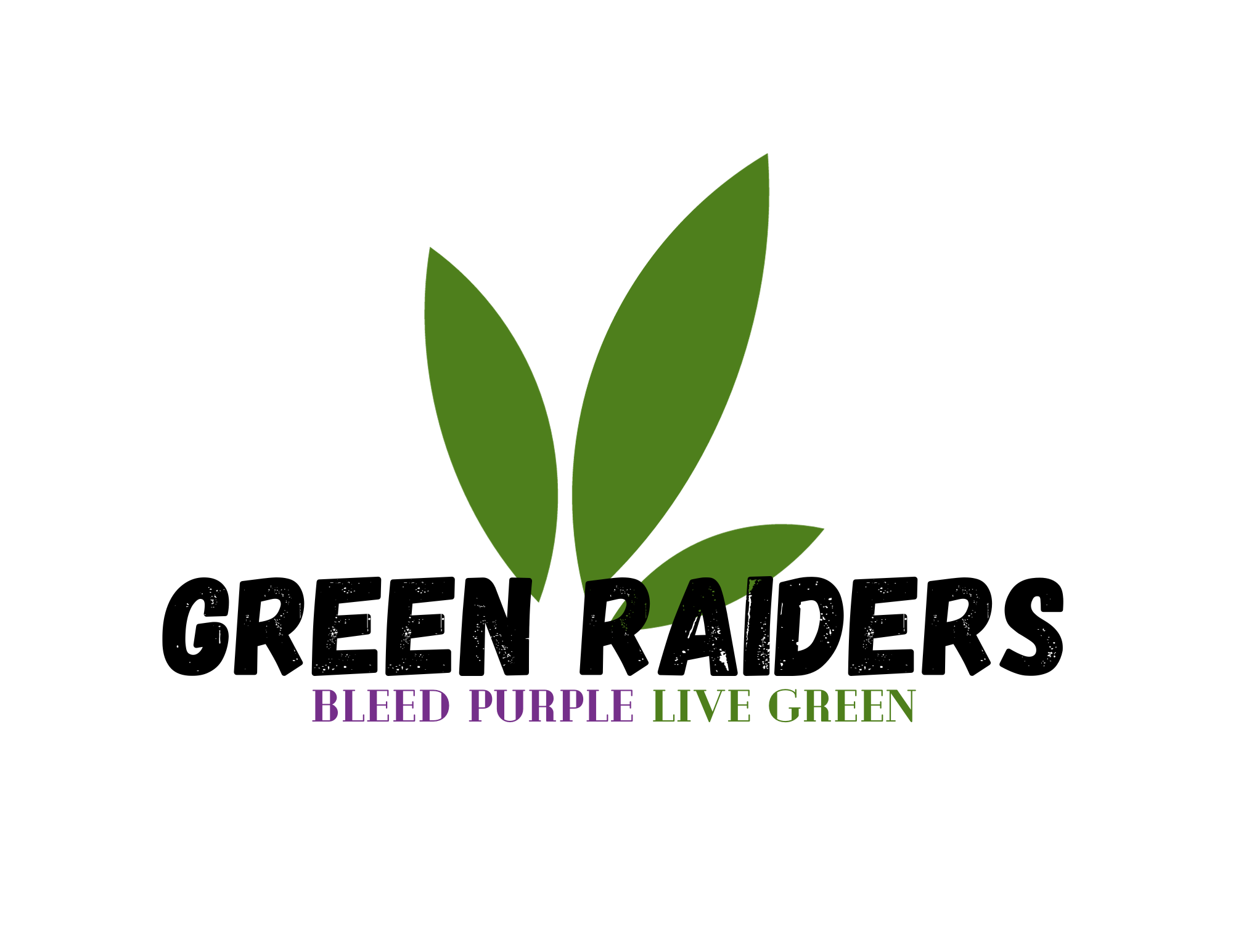 Green Raiders Logo is three abstract green leaves overset with the words Green Raiders and Bleed Purple Live Green beneath