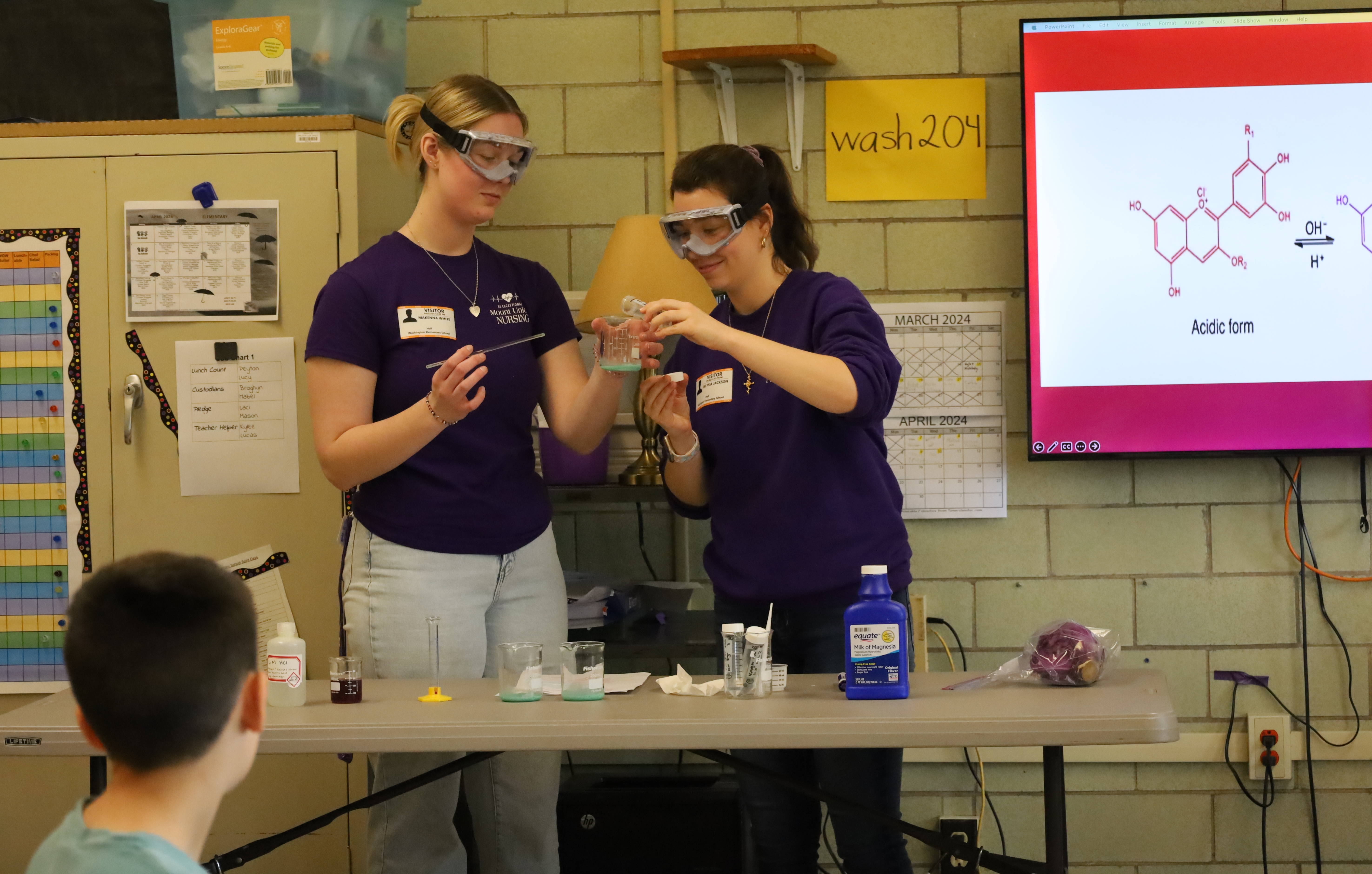 two students doing science experiment in class