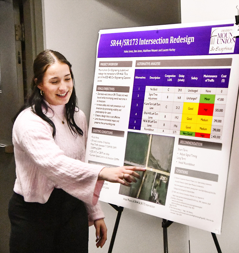 female student presenting research