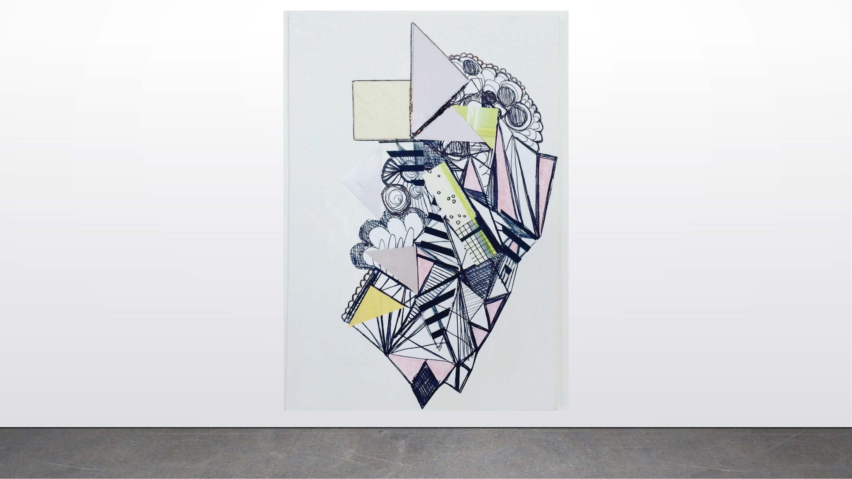 Erica Raby      Untitled 1 (balance), 2020       pen and ink, graphite, marker, tissue paper, colored pencil, scrap paper, glue on illustration board       6”x8”