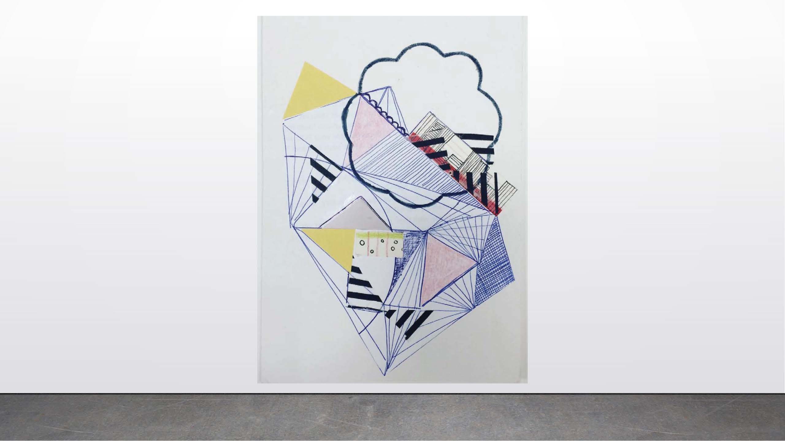 Erica Raby      Untitled 2 (balance), 2020      pen and ink, graphite, marker, tissue paper, colored pencil, scrap paper, and glue on illustration board      6”x8”
