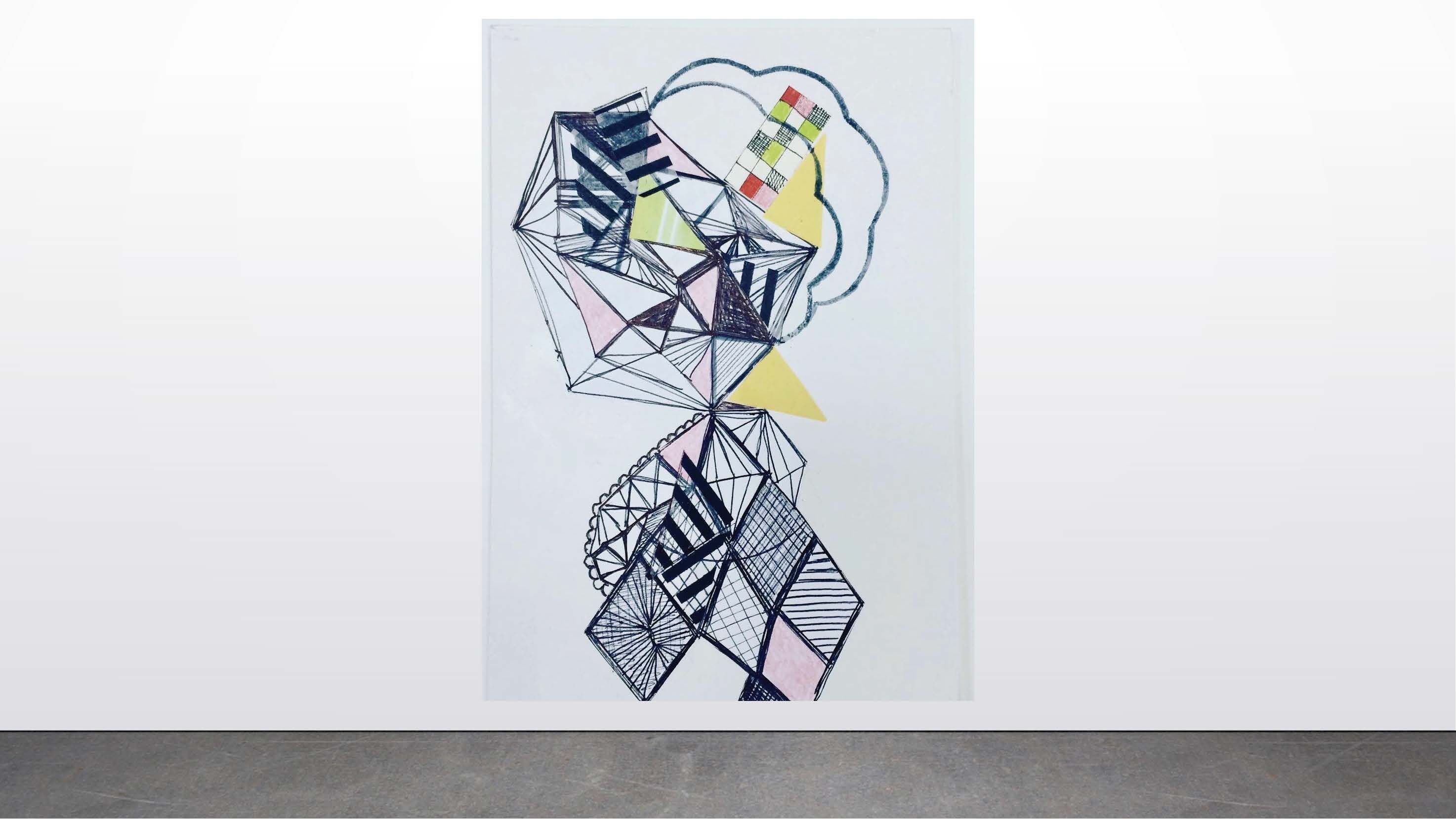 Erica Raby      Untitled 3 (balance), 2020      pen and ink, graphite, marker, tissue paper, colored pencil, scrap paper, and glue on illustration board      6”x8”