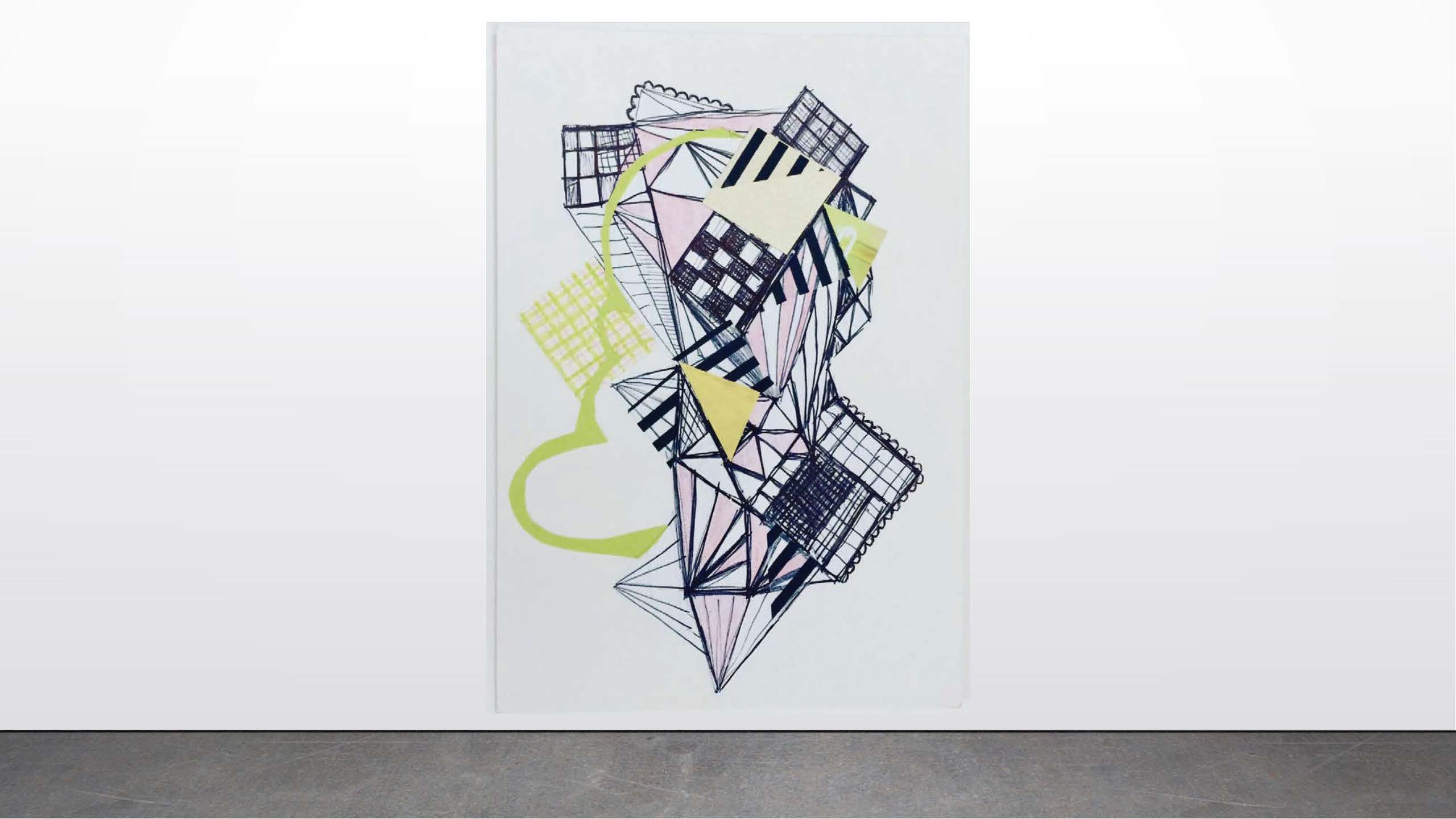 Erica Raby       Untitled 4 (balance), 2020      pen and ink, graphite, marker, tissue paper, colored pencil, scrap paper, and glue on illustration board      6”x8”