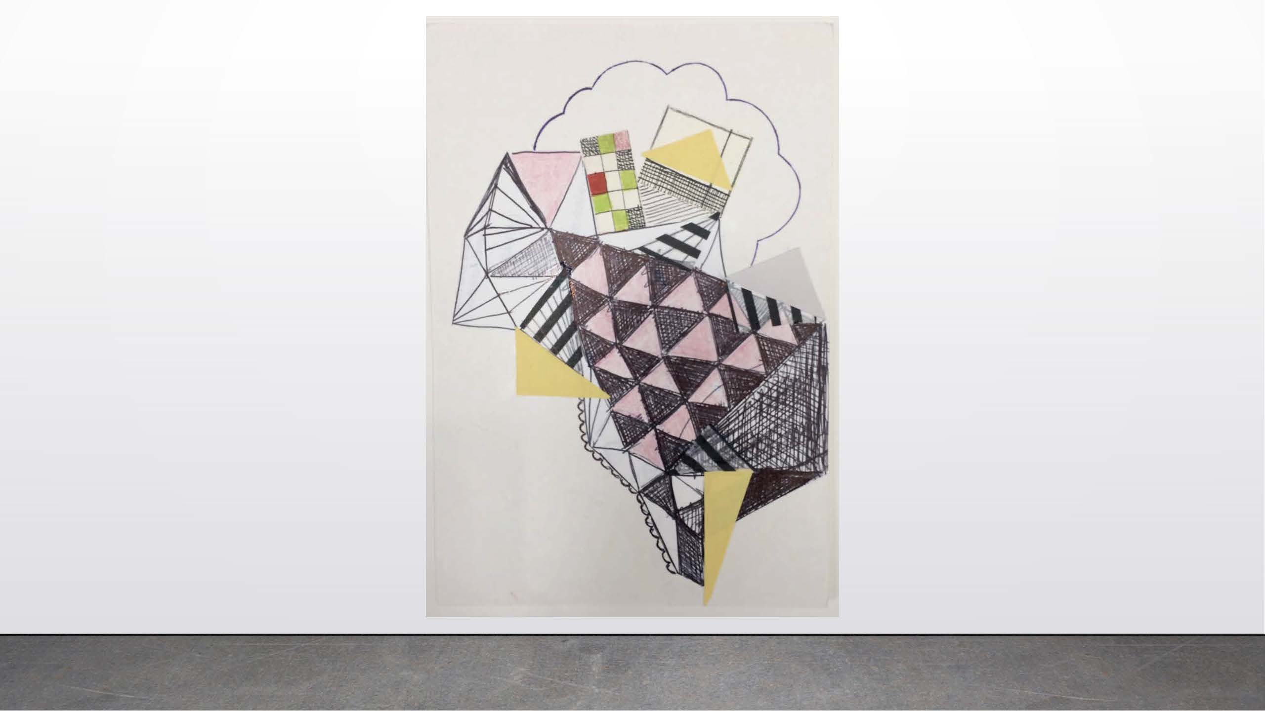 Erica Raby      Untitled 5 (balance), 2020      pen and ink, graphite, marker, tissue paper, colored pencil, scrap paper, and glue on illustration board      6”x8”