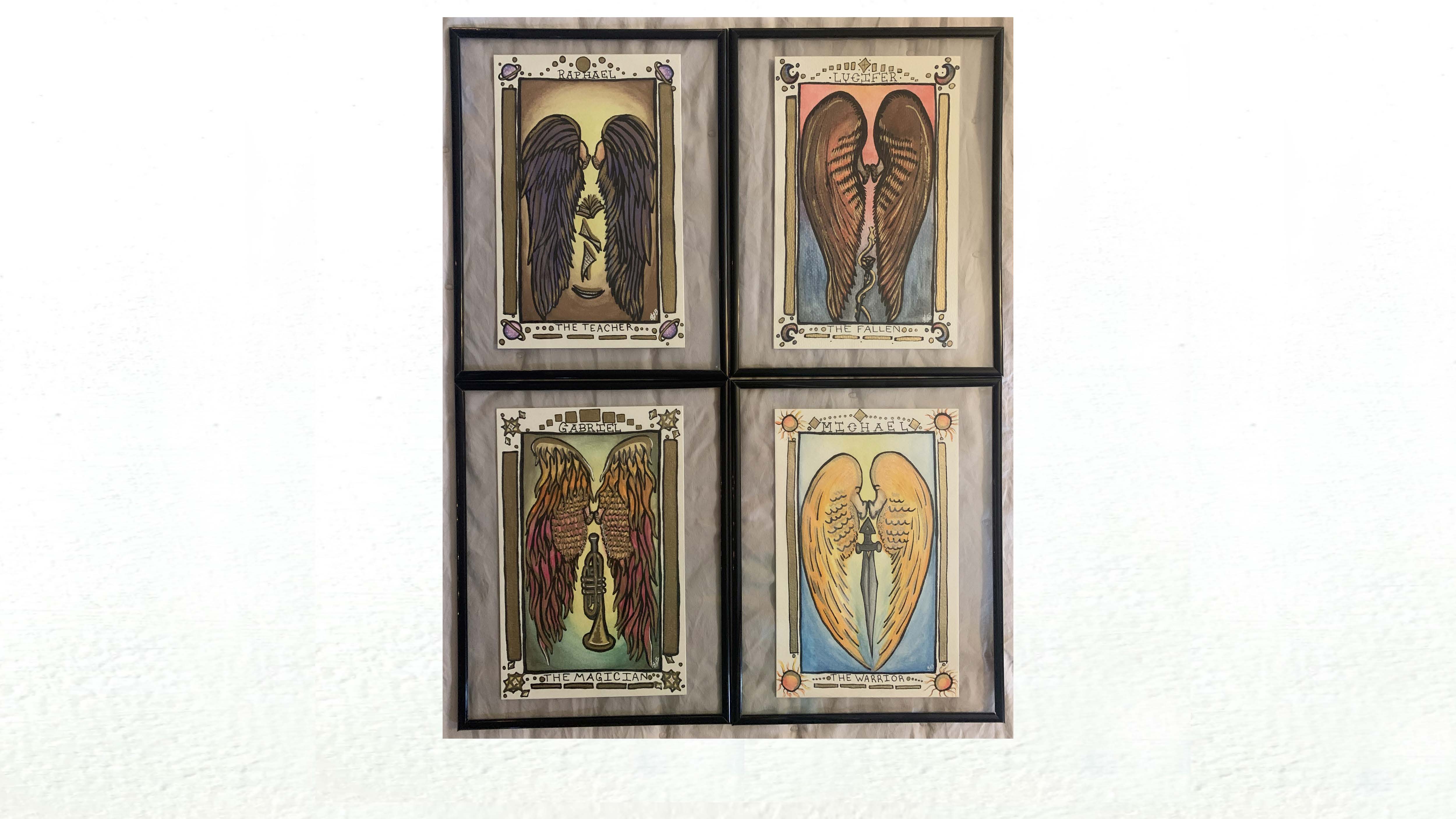 Olivia Buch. “Seraphim Tarots”, watercolor, gold leaf pen, and micron pen, 2021.
