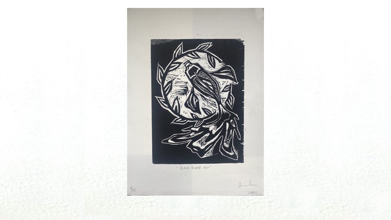 Amber Hume,  “Black River Koi”, woodcut