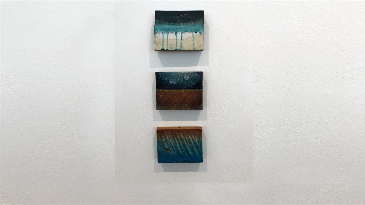 Joan Staufer, Night, mixed media on wood, 5”x16”, 2020. Price on Request