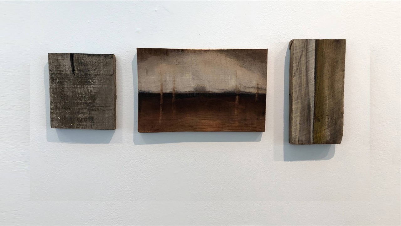 Joan Staufer, Home, mixed media on wood, 29”x10.5”, 2020. Price on Request