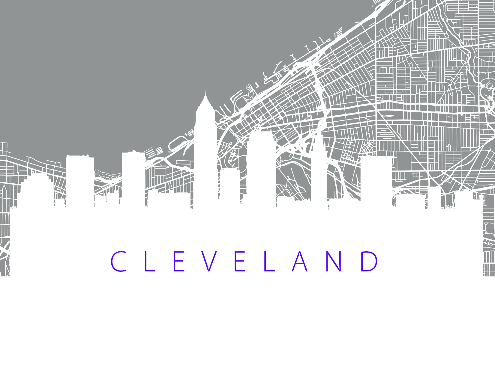 Image of Cleveland Skyline with the word Cleveland on the front of it. 