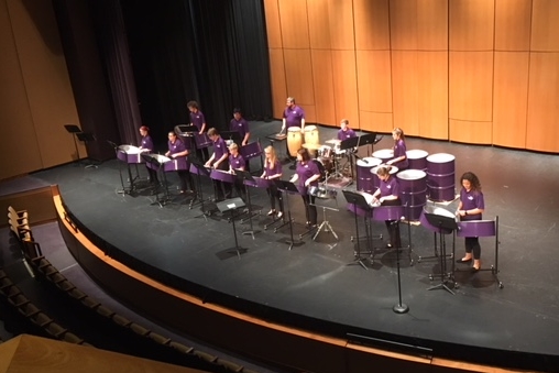 Wide shot of Raider Steel Drum Band on Stage
