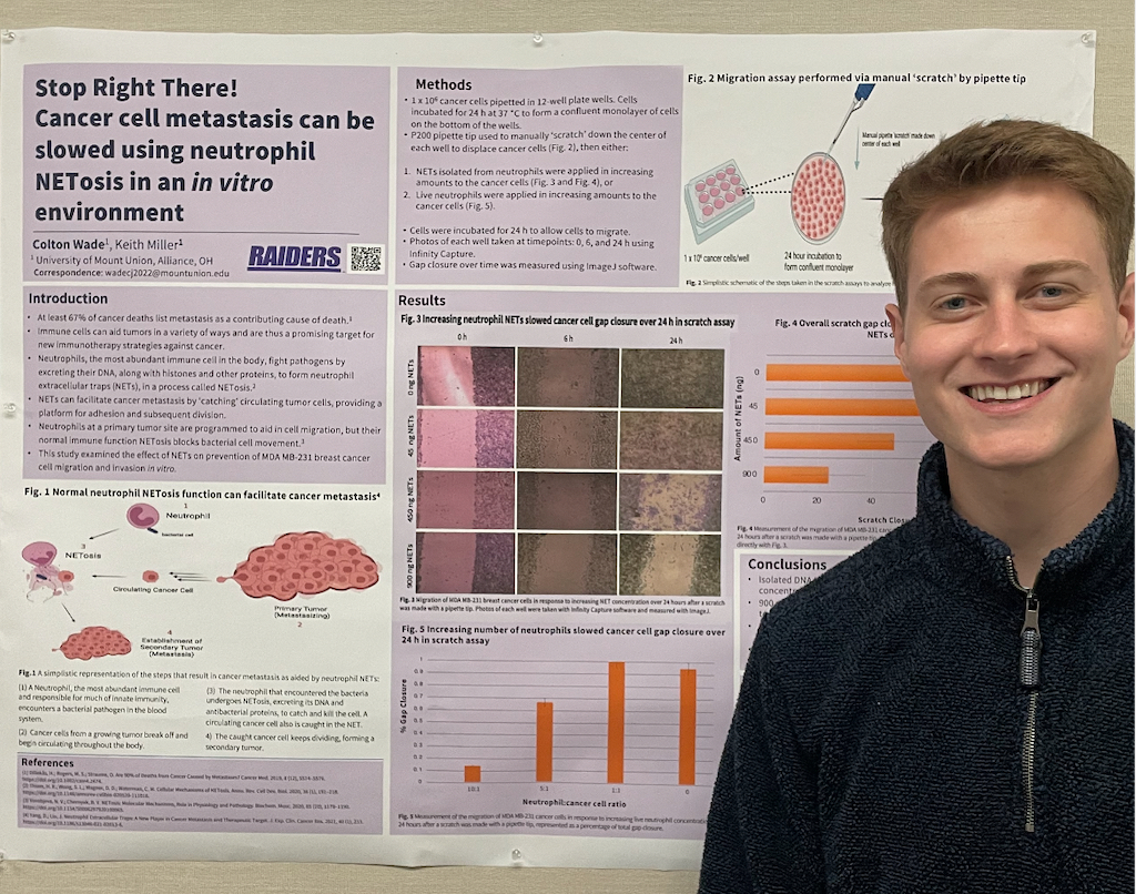 Colton Wade stands off to the right side of his poster illustrating his cancer research