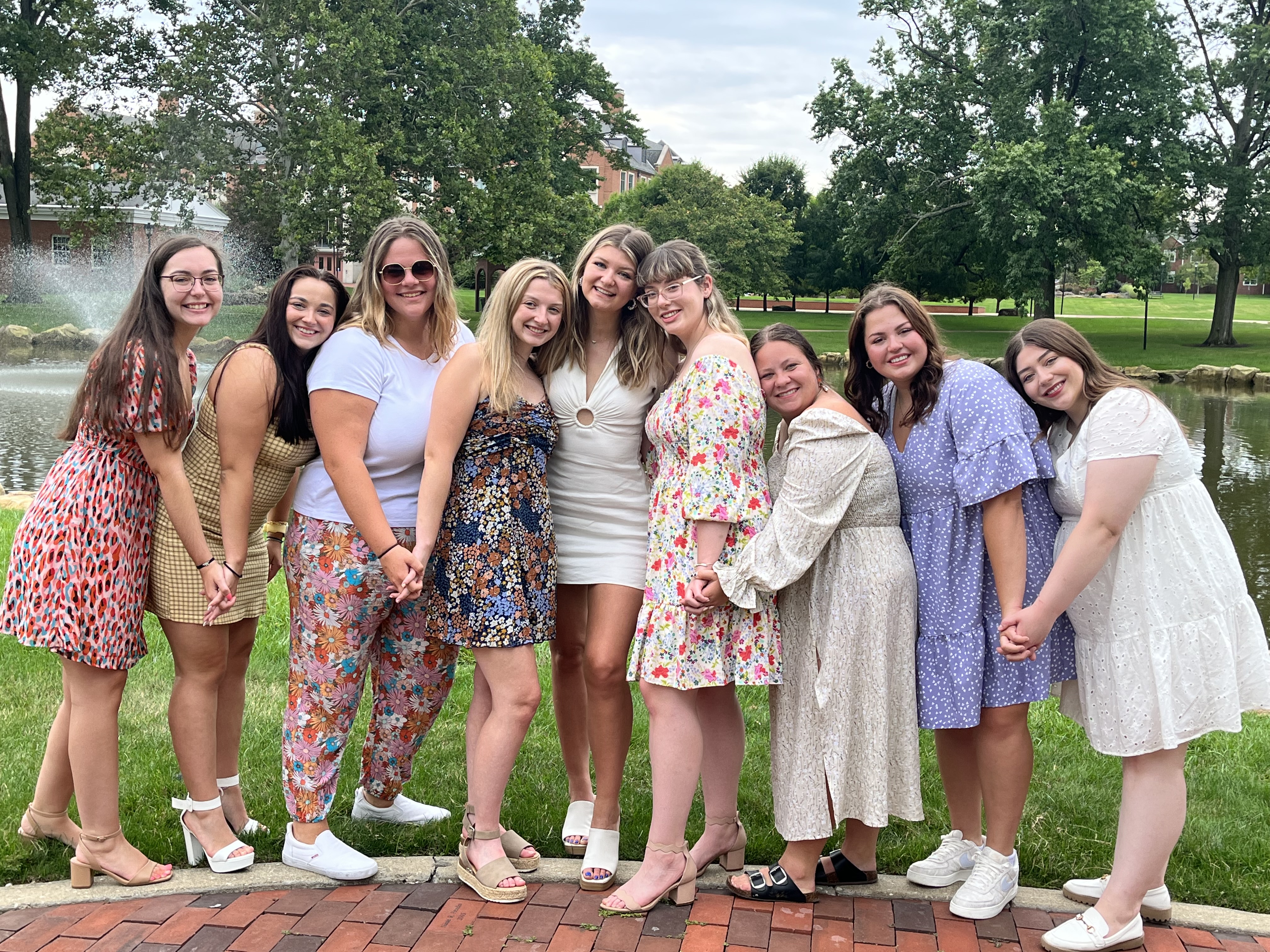 Group of sorority girls in front of campus lakes