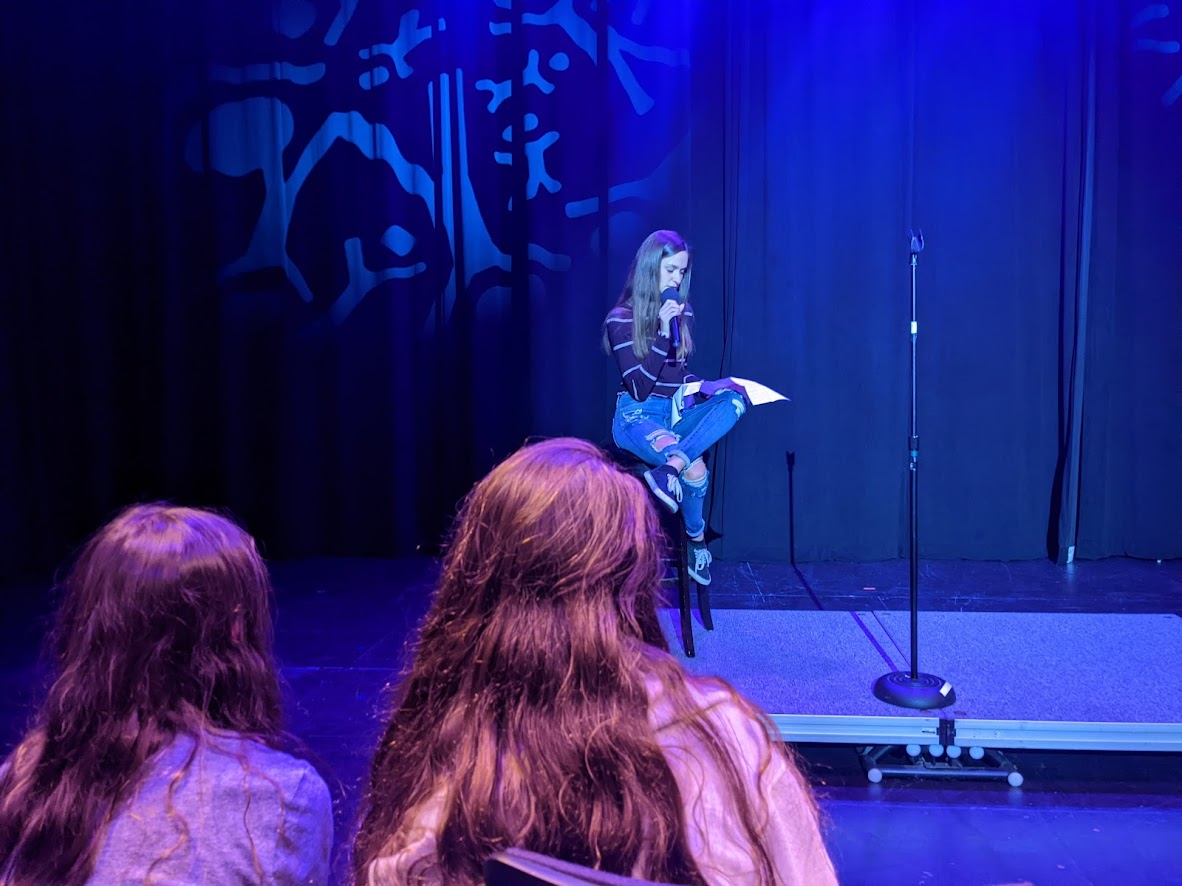 Alyson Kantor '22 delivers a stand up routine on stage in front of a crowd