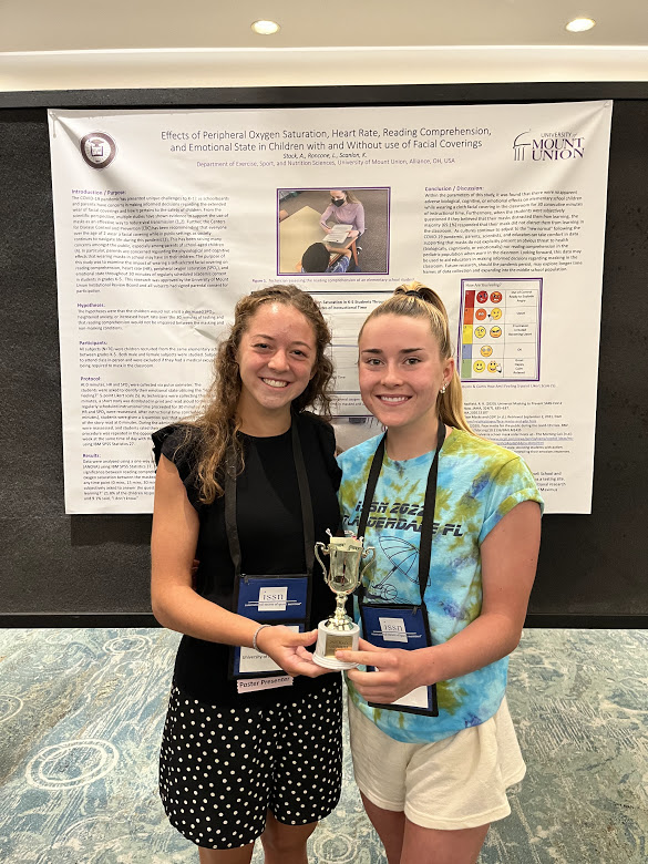 Abigail Stack '24 and Lauren Roncone '24 pose with their second place trophy in front of their research poster