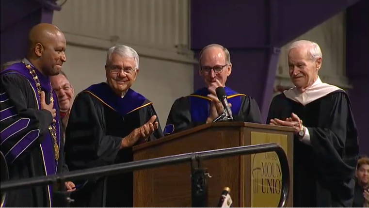 mount union president greg king standing far left next to former mount union presidents giese, ewing, and kolenbrander