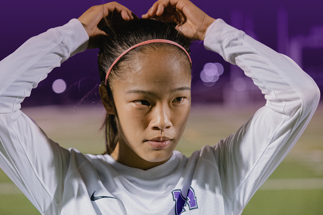 UMU women's soccer player with focused stare