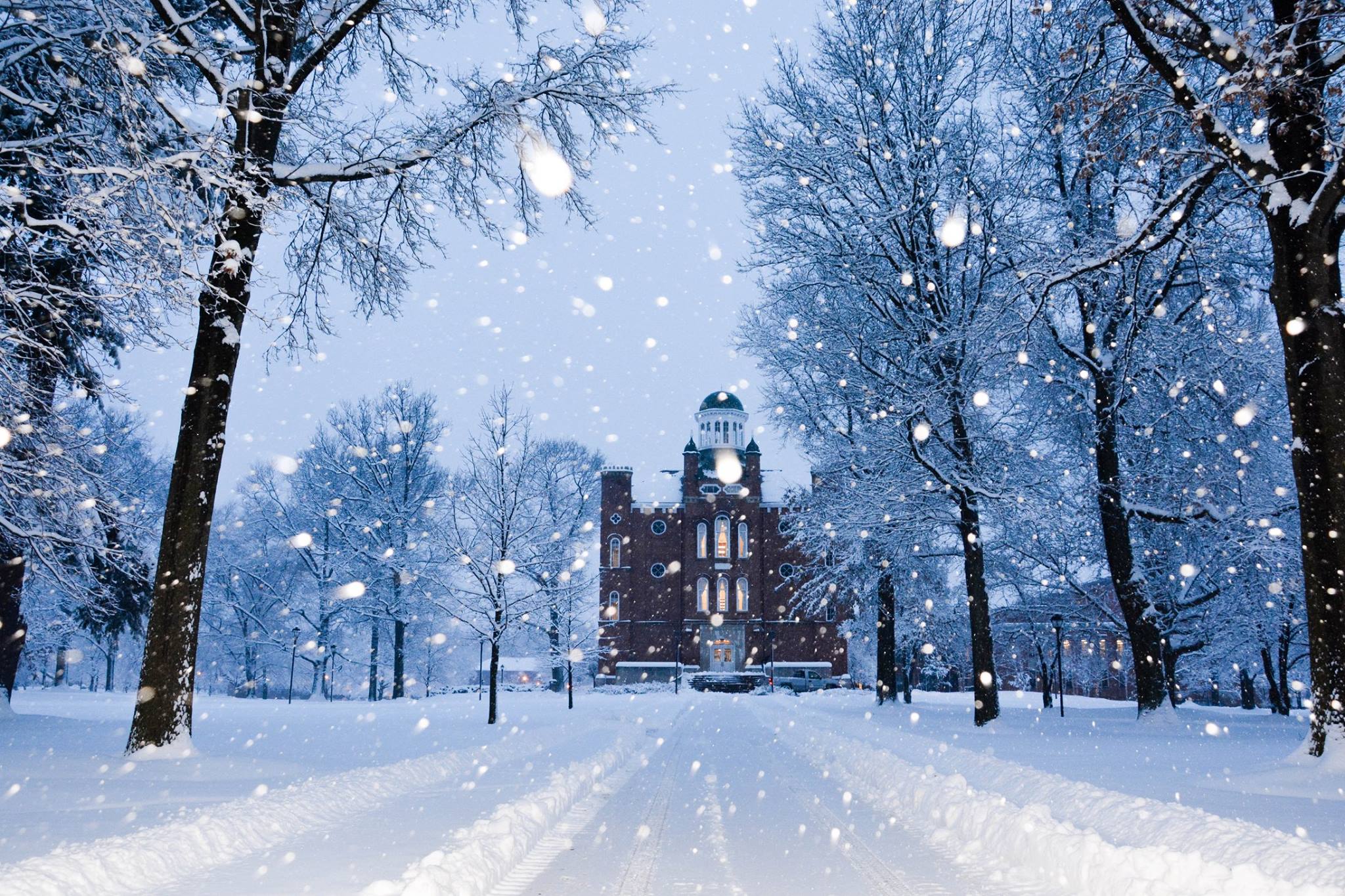 chapman hall in winter with snow in foreground