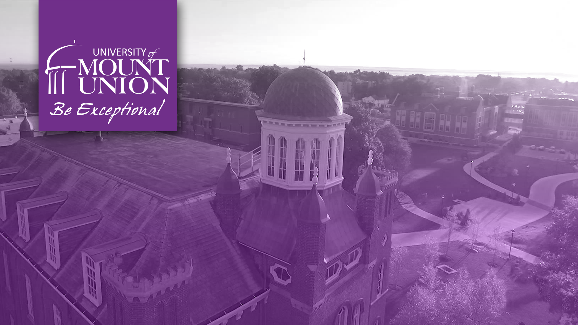 aerial shot of campus with purple overlay and logo